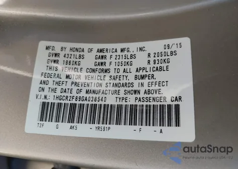 2016 Honda Accord Ex-L из США, поврежденный, VIN 1HGCR2F89GA038540